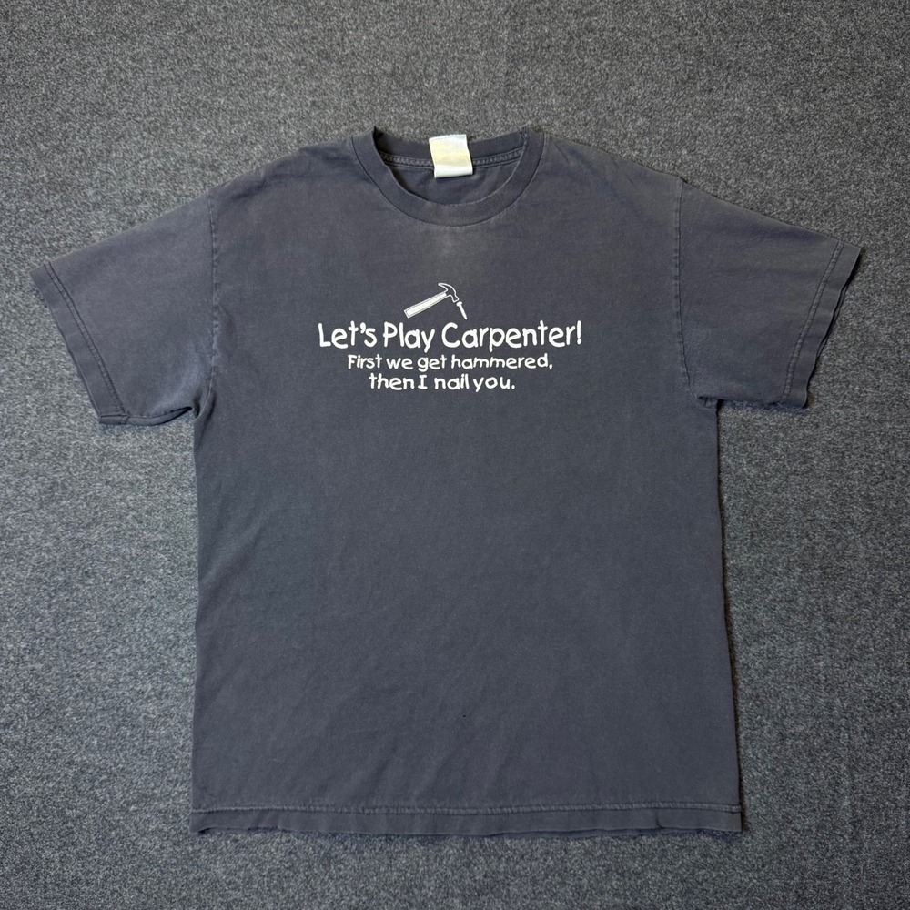 Vintage Alstyle Graphic Tee Mens L Black Let's Play Carpenter Funny Distressed